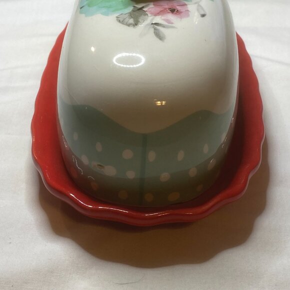Pioneer Woman Floral Butterfly Butter Dish Red Base Retired OS - Picture 6 of 12